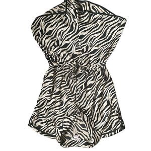 Victorias Secret Romper M Zebra Ivory Black Satin Pajama Sleep Lounge